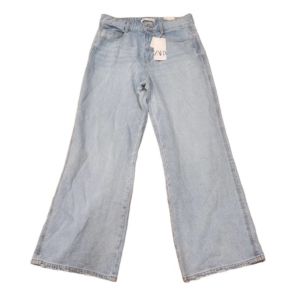 Zara Super High Rise Wide Leg Full Length Light Wash Jeans Full Length Size 12 - Picture 2 of 10